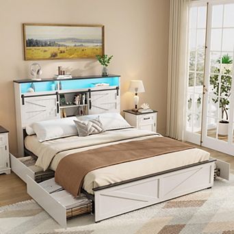 Full Size Farmhouse Bed Frame with 4 Drawers and LED Light,Storage Shelves and Charging Station