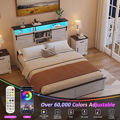 Full Size Farmhouse Bed Frame with 4 Drawers and LED Light,Storage Shelves and Charging Station