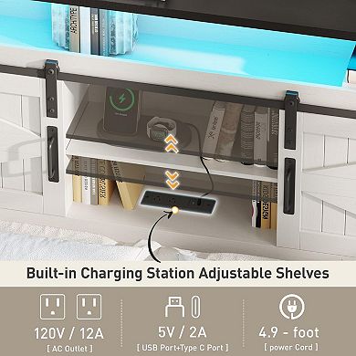 Full Size Farmhouse Bed Frame with 4 Drawers and LED Light,Storage Shelves and Charging Station