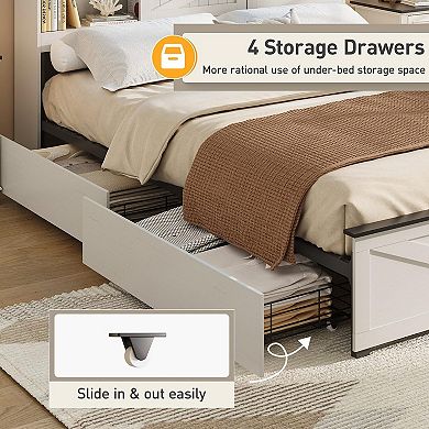 Full Size Farmhouse Bed Frame with 4 Drawers and LED Light,Storage Shelves and Charging Station