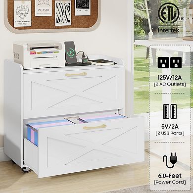 Vabches White 2 Drawer File Cabinet with Charging Station, Mobile Printer Stand