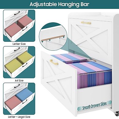 Vabches White 2 Drawer File Cabinet with Charging Station, Mobile Printer Stand