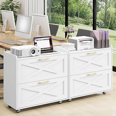 Vabches White 2 Drawer File Cabinet with Charging Station, Mobile Printer Stand