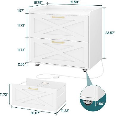 Vabches White 2 Drawer File Cabinet with Charging Station, Mobile Printer Stand