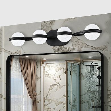 30" Black 4-Light LED Bathroom Vanity Light, Modern Crystal Sand Acrylic Shades, Wall Mount