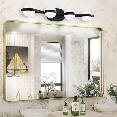 30" Black 4-Light LED Bathroom Vanity Light, Modern Crystal Sand Acrylic Shades, Wall Mount
