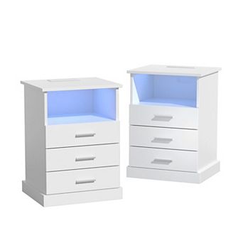 LED Nightstand with Charging Station, Side Table with 3 Drawers & Open Storage, 2 pc Set