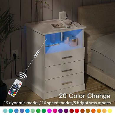 LED Nightstand with Charging Station, Side Table with 3 Drawers & Open Storage, 2-Piece Set