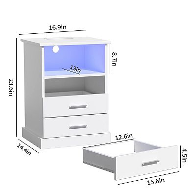 LED Nightstand with Charging Station, Side Table with 3 Drawers & Open Storage, 2-Piece Set