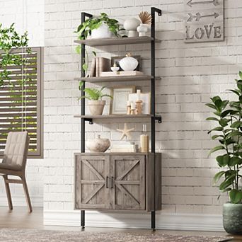 Ladder Bookshelf with Cabinet, 6 tier Industrial Wall Mount Ladder Bookcase with Farmhouse Cabinet