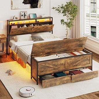 Full Size Bed Frame with Storage Ottoman and 2 Drawers, Farmhouse Metal Platform Bed with Headboard