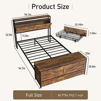 Full Size Bed Frame with Storage Ottoman and 2 Drawers, Farmhouse Metal Platform Bed with Headboard