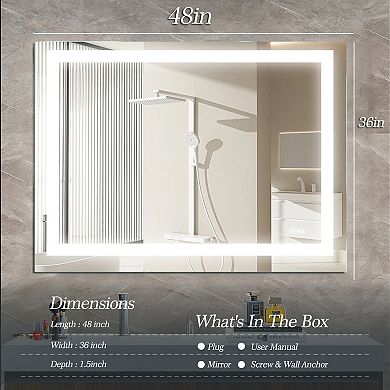 48" x 36" LED Bathroom Mirror, Anti-Fog, Touch Sensor, Frameless Backlit with Dimmable Colors