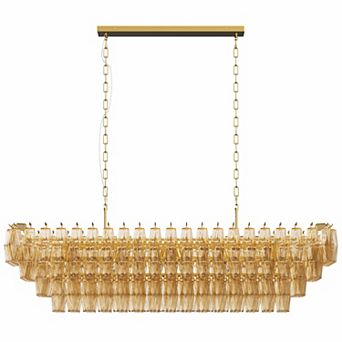 54" Gold Rectangular Chandelier, 12-Light 4 tier Smoke Glass Modern Fixture for Dining Room
