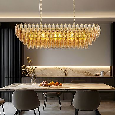 54" Gold Rectangular Chandelier, 12-Light 4-Tier Smoke Glass Modern Fixture for Dining Room