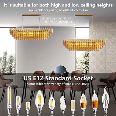 54" Gold Rectangular Chandelier, 12-Light 4-Tier Smoke Glass Modern Fixture for Dining Room