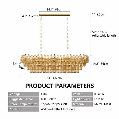 54" Gold Rectangular Chandelier, 12-Light 4-Tier Smoke Glass Modern Fixture for Dining Room