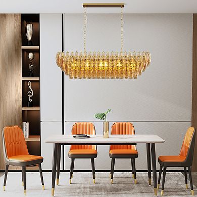 54" Gold Rectangular Chandelier, 12-Light 4-Tier Smoke Glass Modern Fixture for Dining Room