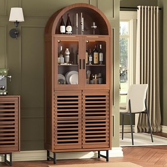 Kitchen Pantry Cabinet with Glass Doors - Arched Design, Metal U Legs, Artistic Slatted Door