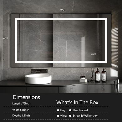 72" x 36" LED Bathroom Mirror Backlit with Dimmable Color Temperature, Touch Control