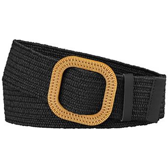 Women's Wide Stretch Belts, Straw Rattan Wooden Buckle Elastic Waist Belts Waistband