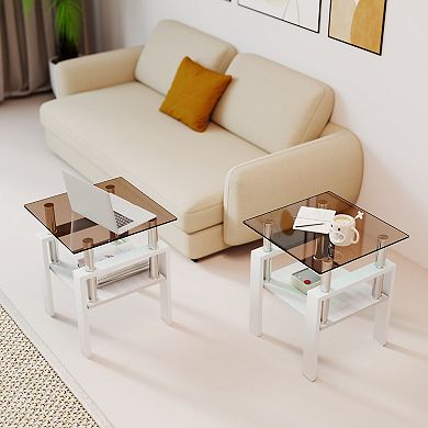 KWPZQEB Modern Tempered Glass End Table Set of 2, 2 Tier