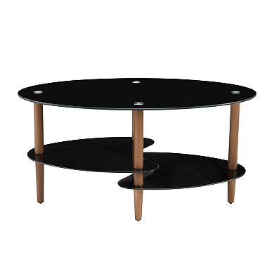 KWPZQEB Oval Transparent Glass Coffee Table with Wood Legs, 3-layer Tea Table for Living Room