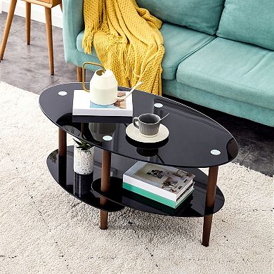 KWPZQEB Oval Transparent Glass Coffee Table with Wood Legs, 3-layer Tea Table for Living Room