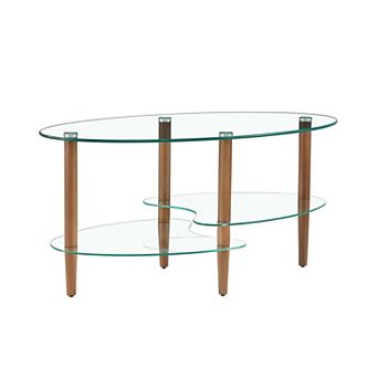 KWPZQEB Oval Transparent Glass Coffee Table with Wood Legs, 3-layer Tea Table for Living Room