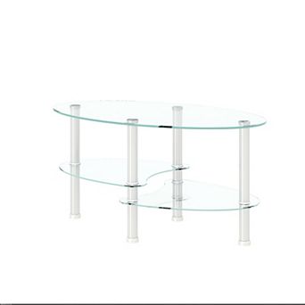 KWPZQEB Oval Transparent Glass Coffee Table with Wood Legs, 3-layer Tea Table for Living Room