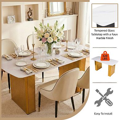 KWPZQEB Luxury Rectangular Marble-Patterned Design Tempered Glass Dining Table