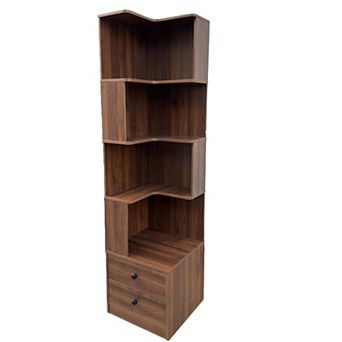 KWPZQEB Corner Book Shelf with LED Lights, Wooden 5 tier Bookcase with 2 Drawers for Living Room