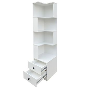 KWPZQEB Corner Book Shelf with LED Lights, Wooden 5 tier Bookcase with 2 Drawers for Living Room