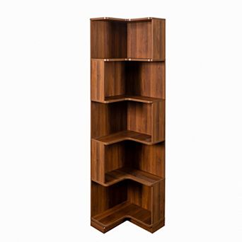 KWPZQEB Corner Book Shelf with LED Lights, Wooden 5 tier Bookcase for Living Room, Bedroom