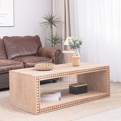 KWPZQEB Vintage Beaded Edge Wood Rectangular Coffee Table, Living Room Furniture