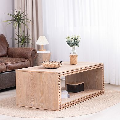 KWPZQEB Vintage Beaded Edge Wood Rectangular Coffee Table, Living Room Furniture