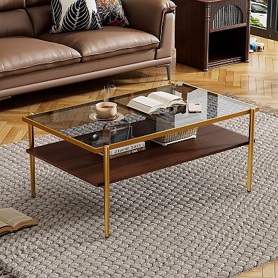 KWPZQEB Modern Tempered Glass Top Rectangle Coffee Table, 4 Metal Legs