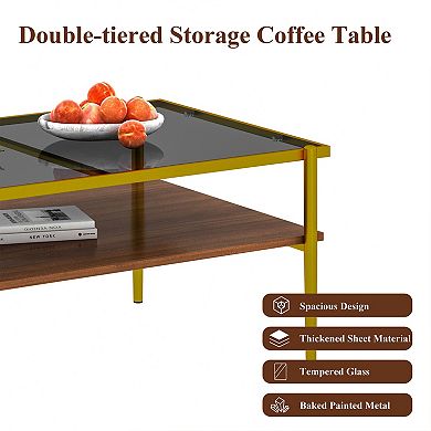 KWPZQEB Modern Tempered Glass Top Rectangle Coffee Table, 4 Metal Legs