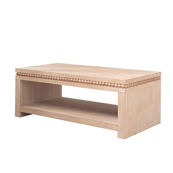 KWPZQEB Vintage Beaded Trim Wood Coffee Table, Farmhouse Living Room Furniture