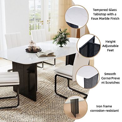 KWPZQEB Tempered Glass Dining Table with Hollow-Out Metal Legs, Marble-Patterned Design Top