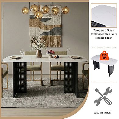 KWPZQEB Tempered Glass Dining Table with Hollow-Out Metal Legs, Marble-Patterned Design Top
