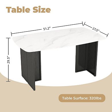 KWPZQEB Tempered Glass Dining Table with Hollow-Out Metal Legs, Marble-Patterned Design Top