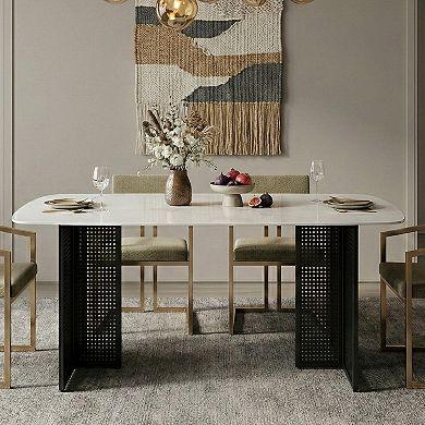 KWPZQEB Tempered Glass Dining Table with Hollow-Out Metal Legs, Marble-Patterned Design Top