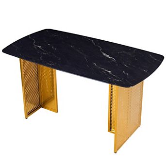 KWPZQEB Tempered Glass Dining Table with Hollow-Out Metal Legs, Marble-Patterned Design Top