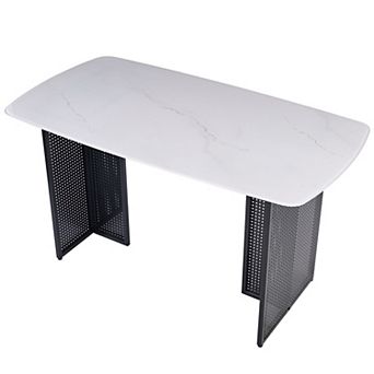 KWPZQEB Tempered Glass Dining Table with Hollow-Out Metal Legs, Marble-Patterned Design Top