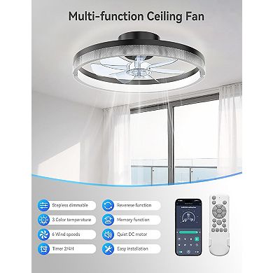 Akofun Ceiling Fans with Lights, Low Profile Modern Fandelier, Small Bladeless LED, Black Dot, 1Pack