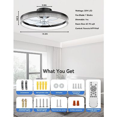Akofun Ceiling Fans with Lights, Low Profile Modern Fandelier, Small Bladeless LED, Black Dot, 1Pack