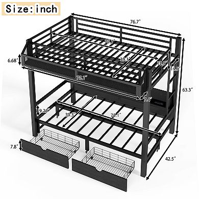 KWPZQEB Twin over Twin Multifunctional Metal Bunk Bed, No Spring Box Needed, Black
