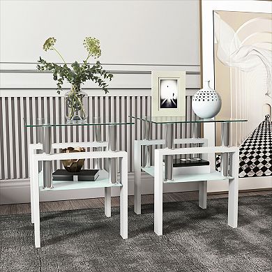 KWPZQEB Set of 2 Modern Tempered Glass Tea Table Square End Table for Living Room