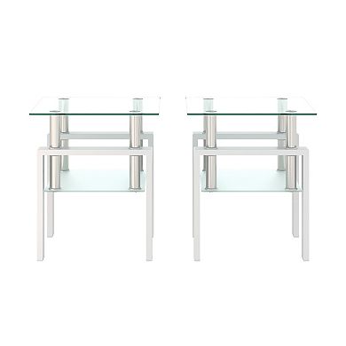 KWPZQEB Set of 2 Modern Tempered Glass Tea Table Square End Table for Living Room